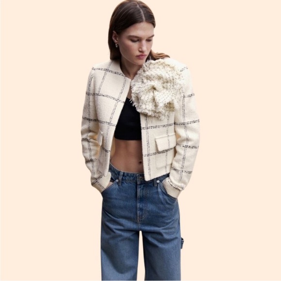 Mango Cream and Black Plaid Women's Blazer - Picture 1 of 4